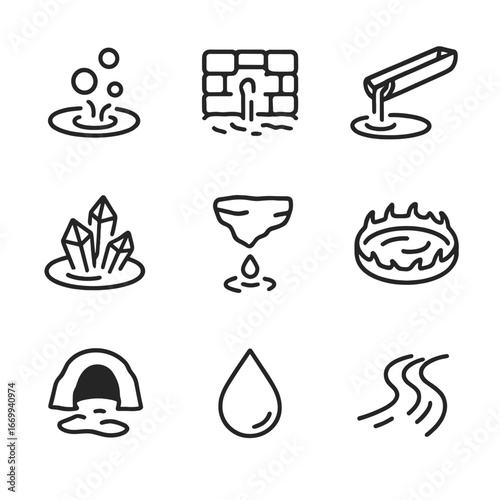 Spring Water Icons. Outline icon set of spring water sources: bubbling spring, stone aquifer, wooden trough, crystal pool,