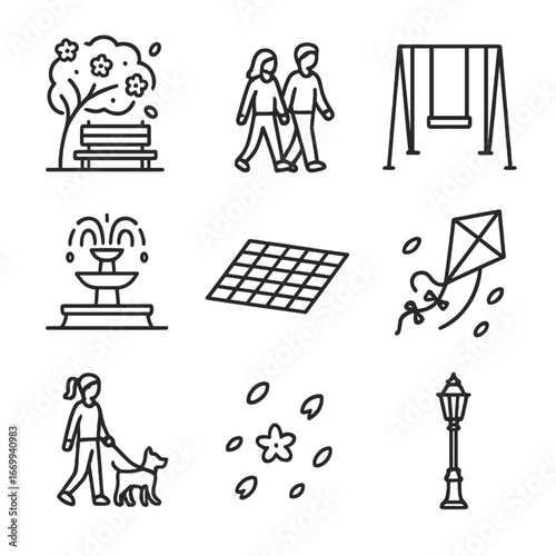 Springtime Park Icons. Outline icon set of urban park in springtime: flowering tree over bench, strolling couple, playground swing
