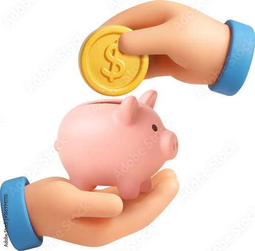 3D Vector Piggy Bank with Hands and Coin Icon for Savings and Finance