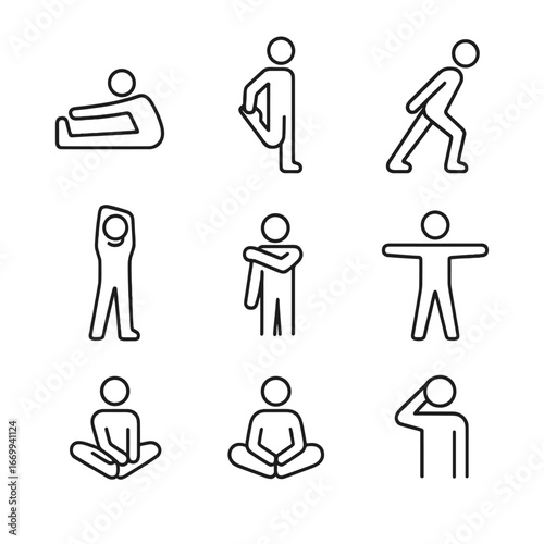 Static Stretch Icons. Outline icon set of static stretches for major muscle groups: hamstring stretch, quad stretch, calf stretch,