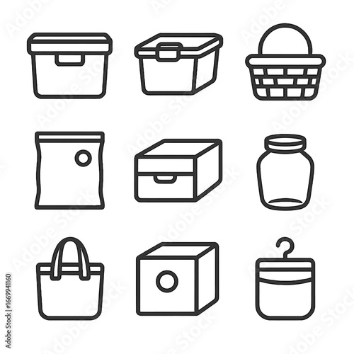 Storage Container Icons. Outline icon set of storage container variety: fabric bin, clear plastic box, wicker basket, vacuum bag,