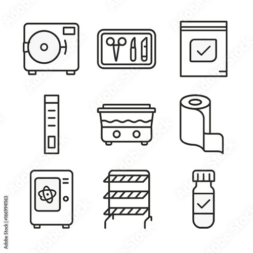 Sterilization Icon Set. Outline icon set of sterilization equipment and supplies: autoclave chamber, instrument tray,