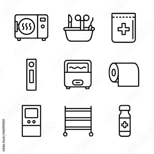 Sterilization Icon Set. Outline icon set of sterilization equipment and supplies: autoclave chamber, instrument tray,