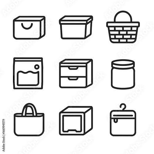 Storage Container Icons. Outline icon set of storage container variety: fabric bin, clear plastic box, wicker basket, vacuum bag,