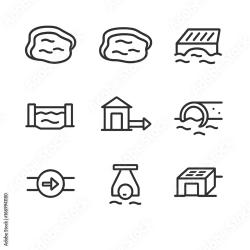 Stormwater Infrastructure Icons. Outline icon set of stormwater management infrastructure: retention pond, detention pond, storm