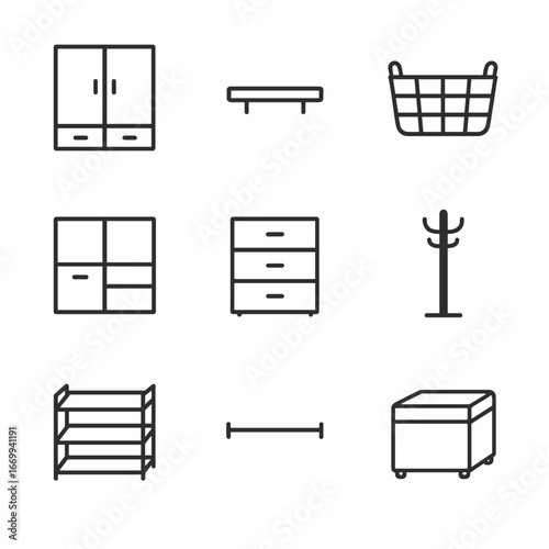 Storage Icon Set. Outline icon set of storage and organization: built-in cabinet, floating shelf, storage basket, modular cubby,