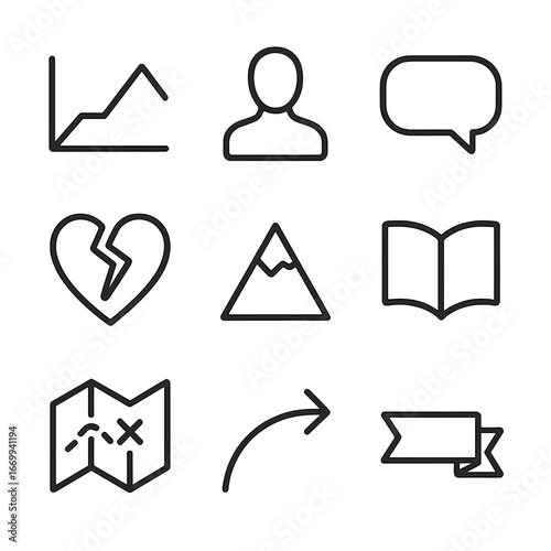 Story Elements Icons. Outline icon set of story structure concepts: plot diagram, character silhouette, dialogue bubble, conflict