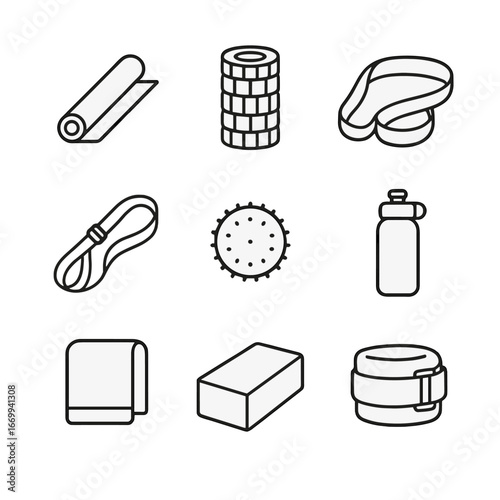 Stretching Gear Icons. Outline icon set of stretching accessories and gear: yoga mat, foam roller, resistance band, stretching