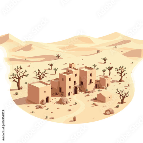 Village in desert landscape illustration