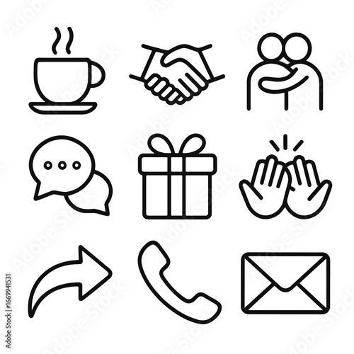 Supportive Icons Set. Outline icon set of supportive interactions: coffee cup meetup, handshake pact, hugging figures, group chat