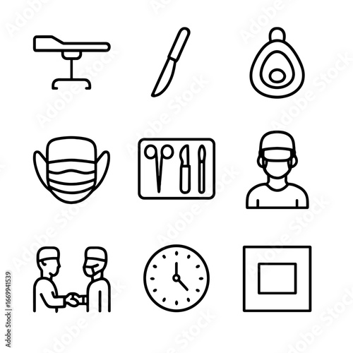 Surgical Team Icons. Outline icon set of surgical team coordination: operating table, scalpel, anesthesia mask, surgical mask,