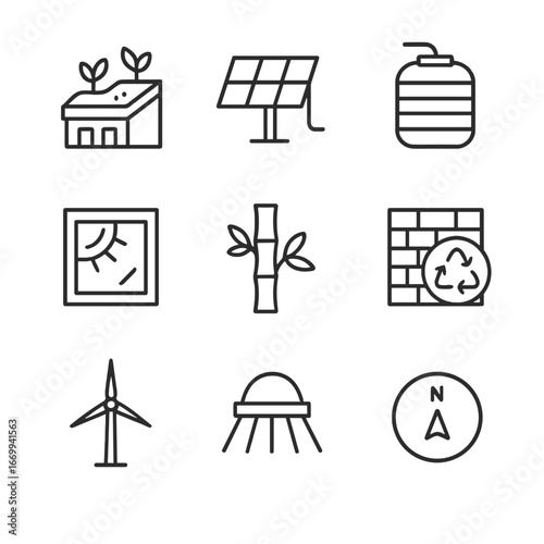 Sustainable Architecture Icons. Outline icon set of Sustainable eco architecture: green roof garden, solar panel array, rainwater