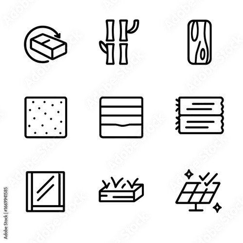 Sustainable Building Icons. Outline icon set of sustainable building materials: recycled brick, bamboo panel, reclaimed wood plank