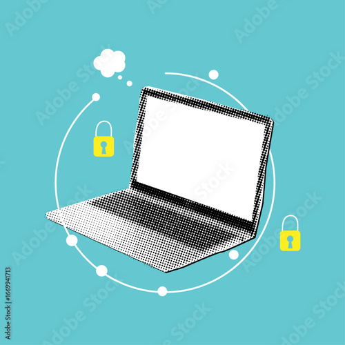 Halftone collage laptop,cloud and lock,cybersecurity and personal data protection concept