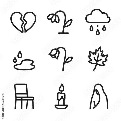 Symbols of Sorrow. Outline icon set of symbols of grief and sorrow: broken heart, wilted flower, rain cloud, puddle of tears,