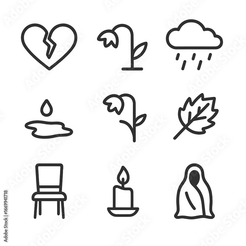 Symbols of Sorrow. Outline icon set of symbols of grief and sorrow: broken heart, wilted flower, rain cloud, puddle of tears,