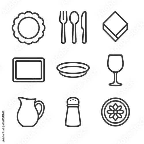 Tableware Icon Set. Outline icon set of tableware and utensils: scalloped plate, cutlery set, linen napkin, placemat, serving