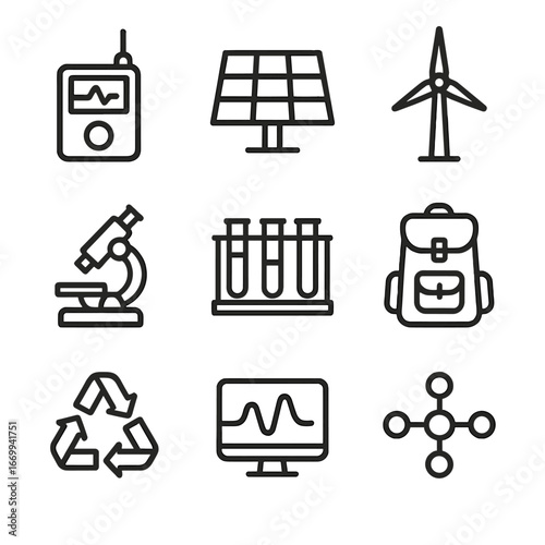 Sustainable Research Icons. Outline icon set of sustainable research tools: data logger, solar panel, wind turbine, lab microscope