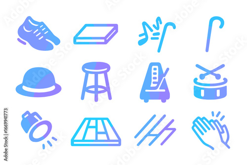 Tap Dance Icons Set. Gradient icons set of tap dance show numbers: tap shoes, tap board, rhythm lines, cane, bowler hat, stool,