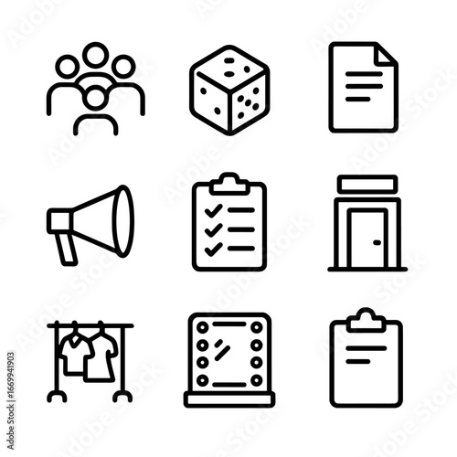 Theater Ensemble Icons. Outline icon set of ensemble cast dynamics: group of actors silhouettes, improv dice, script page,