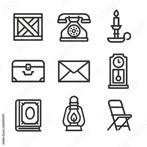 Theatrical Prop Icons. Outline icon set of theatrical props and set pieces: wooden crate, vintage telephone, candlestick, old