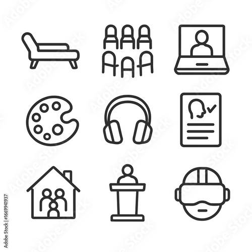 Therapy Modalities Icons. Outline icon set of therapy modalities: individual therapy couch, group therapy circle, teletherapy