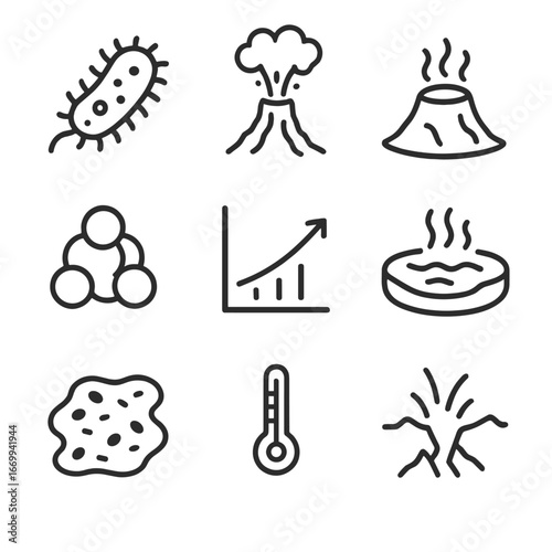Thermophile Icon Set. Outline icon set of thermophiles in geothermal environments: thermophile microbe, hydrothermal vent, geyser