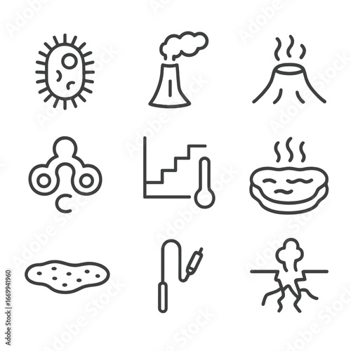 Thermophile Icon Set. Outline icon set of thermophiles in geothermal environments: thermophile microbe, hydrothermal vent, geyser