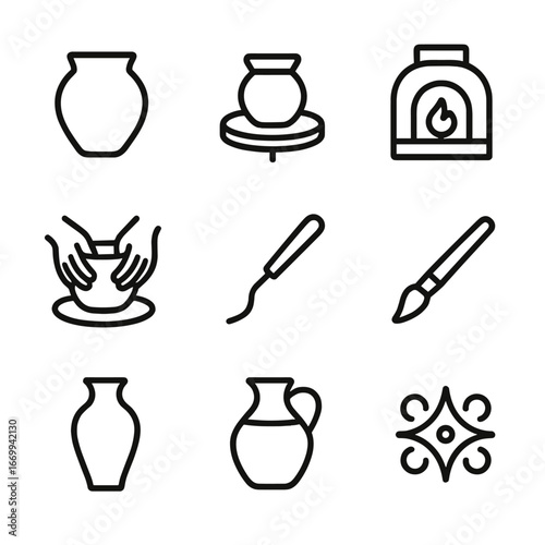 Traditional Pottery Icons. Outline icon set of traditional pottery techniques: clay pot silhouette, pottery wheel, kiln with flame