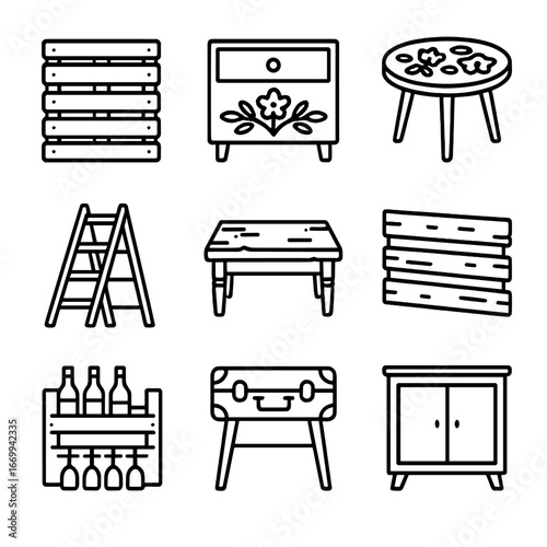 Upcycled Furniture Icons. Outline icon set of upcycled furniture accents: painted wooden pallet, stenciled drawer front, decoupage