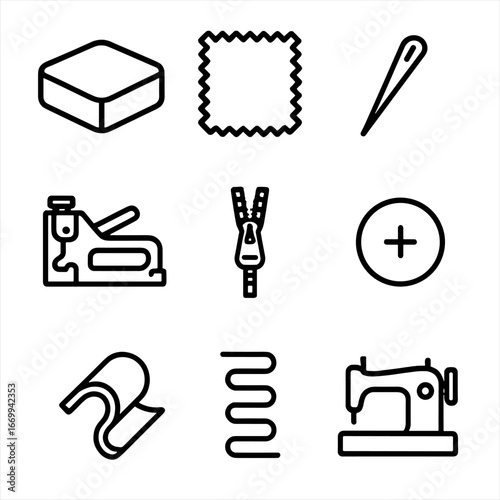 Upholstery Icon Grid. Outline icon set of upholstery elements: foam cushion, fabric swatch, sewing needle, upholstery stapler,