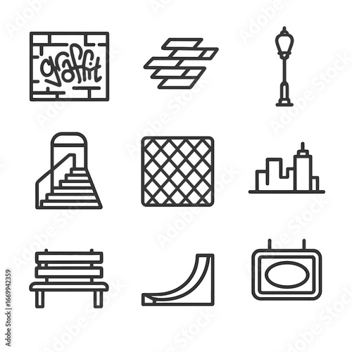 Urban Dance Icons. Outline icon set of urban dance elements: graffiti wall, brick pavement, street lamp, subway entrance,