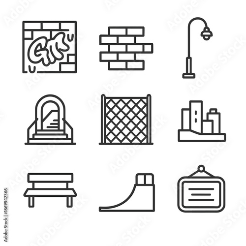 Urban Dance Icons. Outline icon set of urban dance elements: graffiti wall, brick pavement, street lamp, subway entrance,