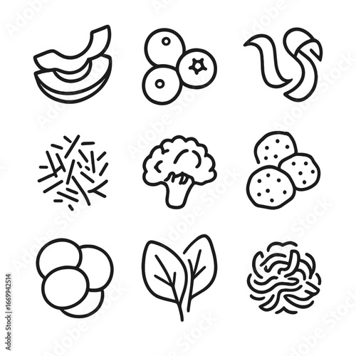 Vegetable Topping Icons. Outline icon set of vegetable toppings: avocado slices, cherry tomatoes, cucumber ribbons, shredded