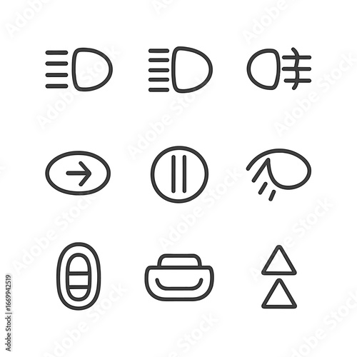 Vehicle Lighting Icons. Outline icon set of vehicle lighting components: low beam headlight, high beam headlight, fog light, turn