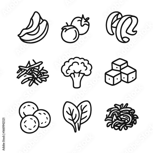 Vegetable Topping Icons. Outline icon set of vegetable toppings: avocado slices, cherry tomatoes, cucumber ribbons, shredded
