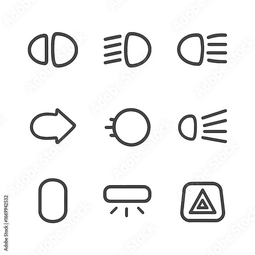 Vehicle Lighting Icons. Outline icon set of vehicle lighting components: low beam headlight, high beam headlight, fog light, turn