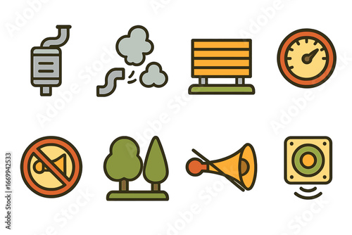 Vehicle Noise Control Icons. Flat vector mini-illustrations Vehicle noise control in colors children's illustrations: car muffler,