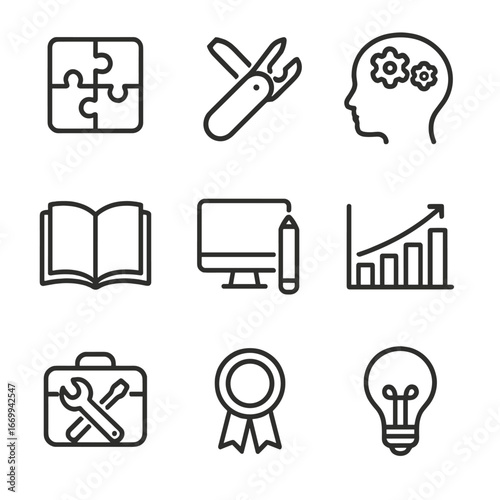 Versatile Skills Icons. Outline icon set of skill versatility: puzzle pieces, multitool, brain with gears, open book, computer and