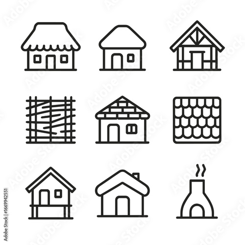Vernacular Architecture Icons. Outline icon set of Vernacular architecture: thatched roof cottage, adobe hut, timber frame house,