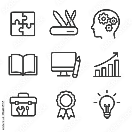 Versatile Skills Icons. Outline icon set of skill versatility: puzzle pieces, multitool, brain with gears, open book, computer and