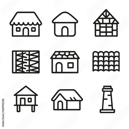 Vernacular Architecture Icons. Outline icon set of Vernacular architecture: thatched roof cottage, adobe hut, timber frame house,