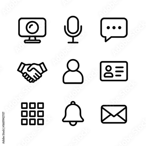Virtual Networking Icons. Outline icon set of virtual networking events: webcam, microphone, chat bubble, handshake icon, attendee