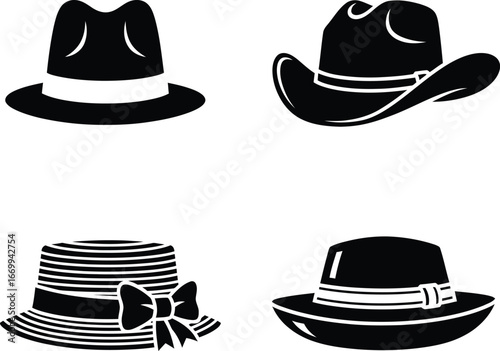 Black Hat Silhouettes Set: Fedora, Cowboy, and Boater Icons