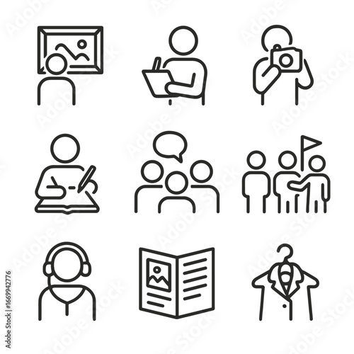 Visitor Interaction Icons. Outline icon set of visitor interactions: observing art, taking notes, photographing, sketching, group