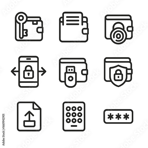 Wallet Security Icons. Outline icon set of wallet security features: private key, seed phrase, biometric lock, two-factor