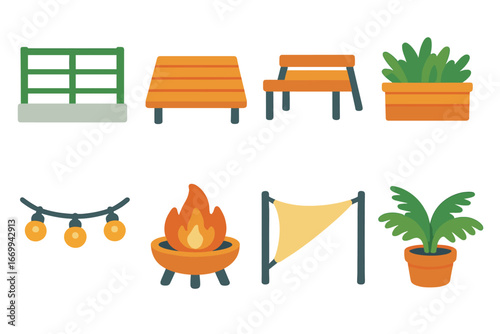 Warehouse and Terrace Icons. Flat vector mini-illustrations Warehouse lighting fixtures in colors children’s illustrations: