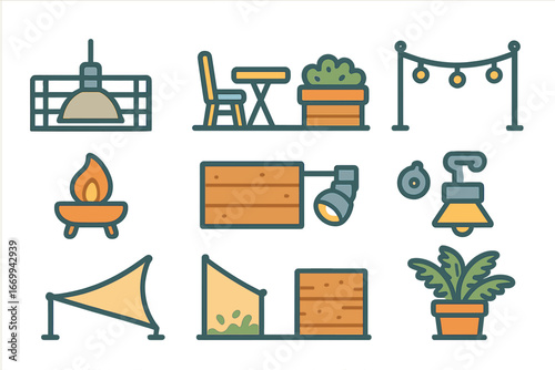 Warehouse and Terrace Icons. Flat vector mini-illustrations Warehouse lighting fixtures in colors children’s illustrations: