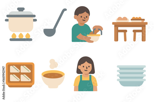 Water and Food Icons. Flat vector mini-illustrations Water purification and sanitation in colors children's illustrations: water