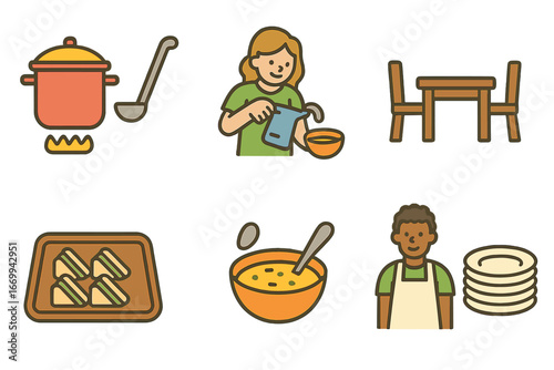 Water and Food Icons. Flat vector mini-illustrations Water purification and sanitation in colors children's illustrations: water